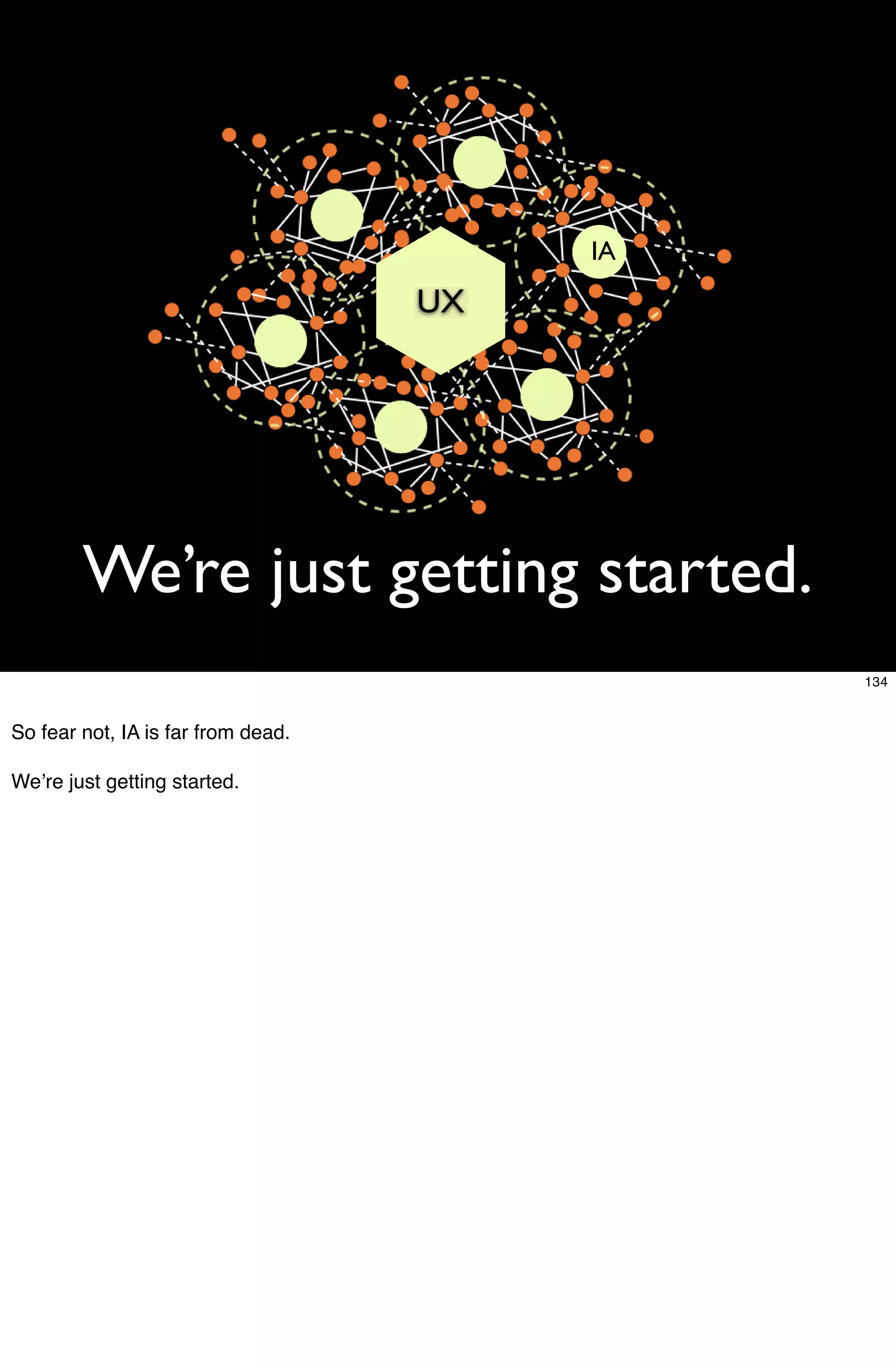 IA
                                    UX




        We’re just getting started.
                                              134


So fear not, IA is far from dead.

Weʼre just getting started.
 