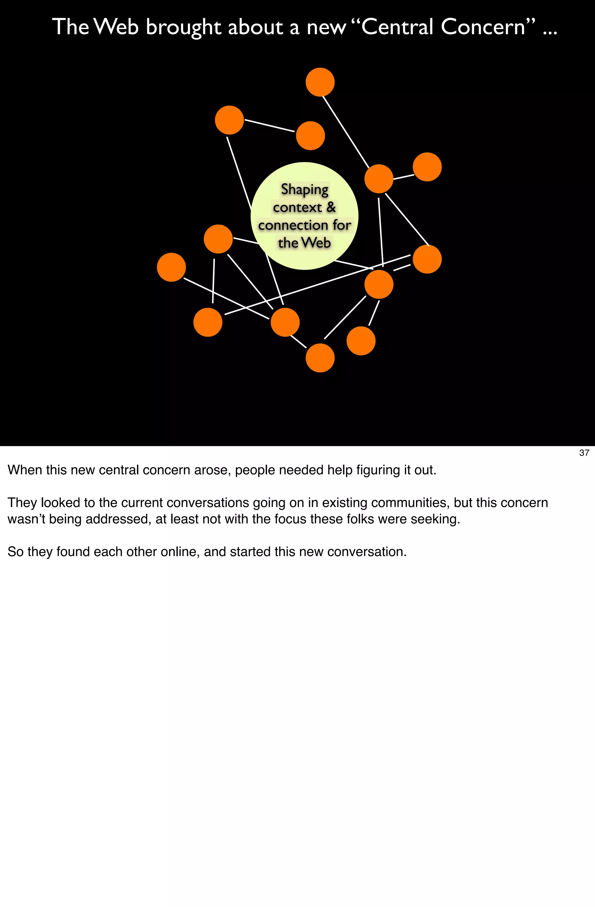 The Web brought about a new “Central Concern” ...




                                              Shaping
                                            context &
                                          connection for
                                             the Web




                                                                                              37

When this new central concern arose, people needed help ﬁguring it out.

They looked to the current conversations going on in existing communities, but this concern
wasnʼt being addressed, at least not with the focus these folks were seeking.

So they found each other online, and started this new conversation.
 