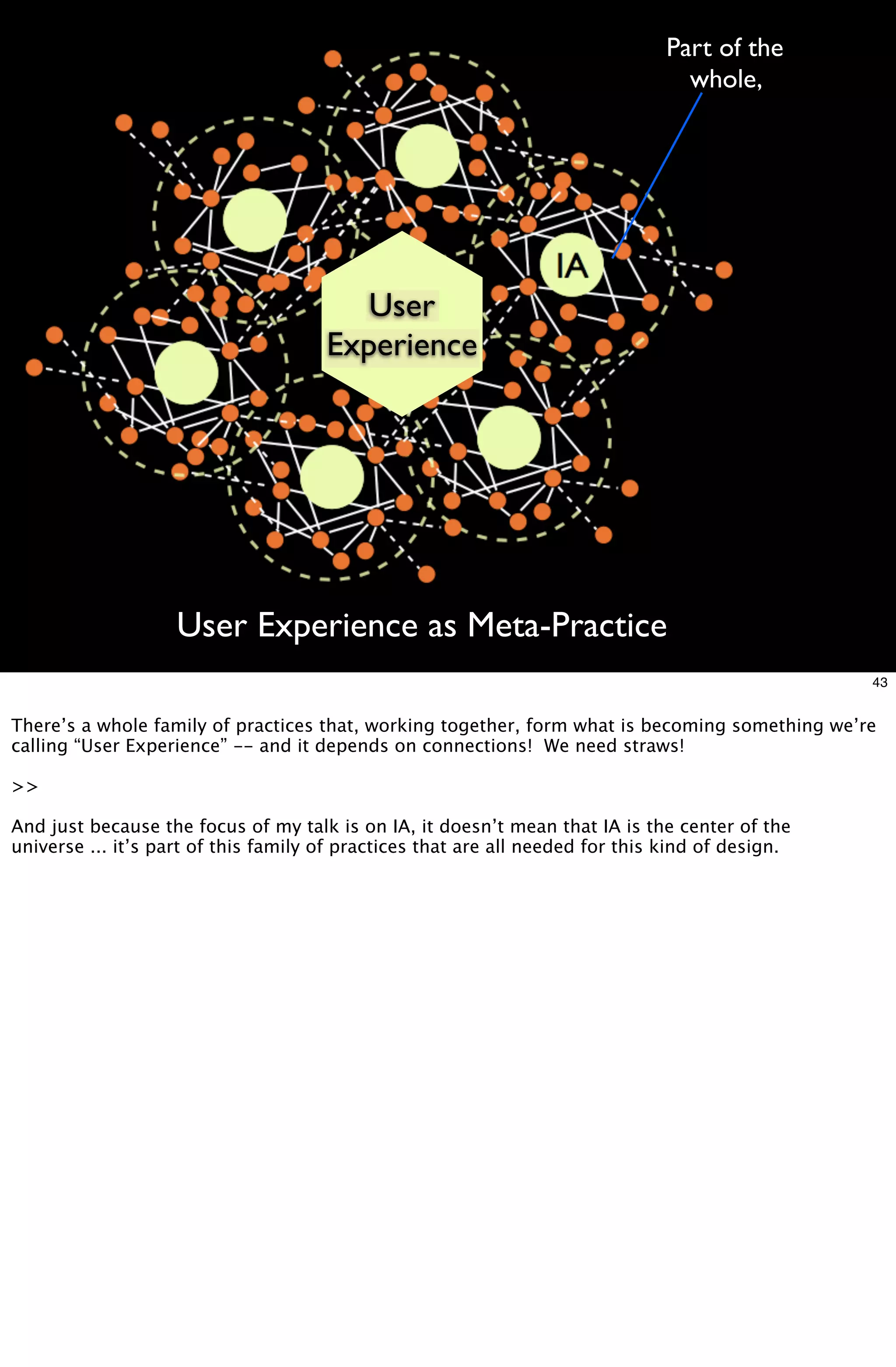 Part of the
                                                                                 whole,




                                                                     IA
                                         User
                                      Experience




                    User Experience as Meta-Practice
                                                                                                  43


There’s a whole family of practices that, working together, form what is becoming something we’re
calling “User Experience” -- and it depends on connections! We need straws!

>>

And just because the focus of my talk is on IA, it doesn’t mean that IA is the center of the
universe ... it’s part of this family of practices that are all needed for this kind of design.
 