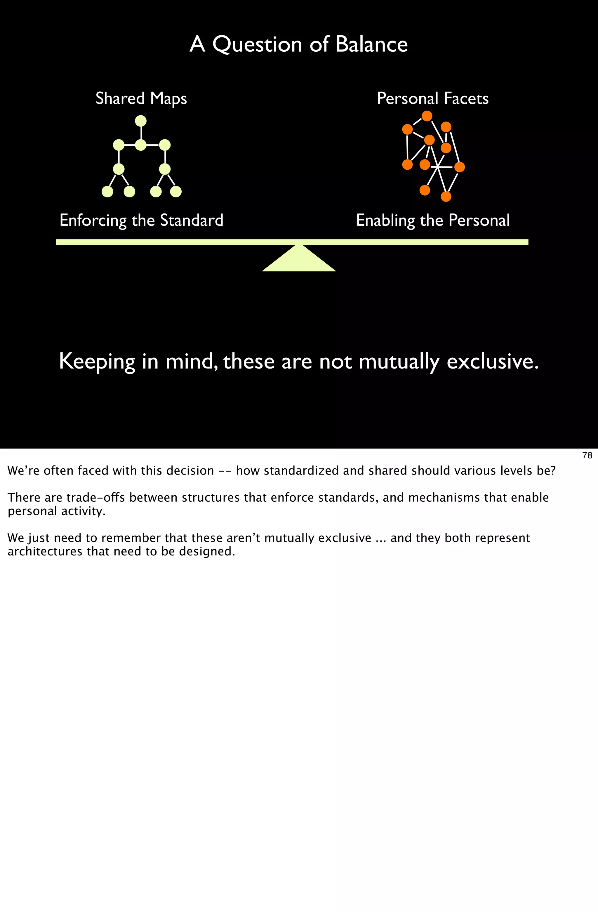 A Question of Balance

               Shared Maps                                    Personal Facets




        Enforcing the Standard                             Enabling the Personal




        Keeping in mind, these are not mutually exclusive.


                                                                                                78
We’re often faced with this decision -- how standardized and shared should various levels be?

There are trade-offs between structures that enforce standards, and mechanisms that enable
personal activity.

We just need to remember that these aren’t mutually exclusive ... and they both represent
architectures that need to be designed.
 