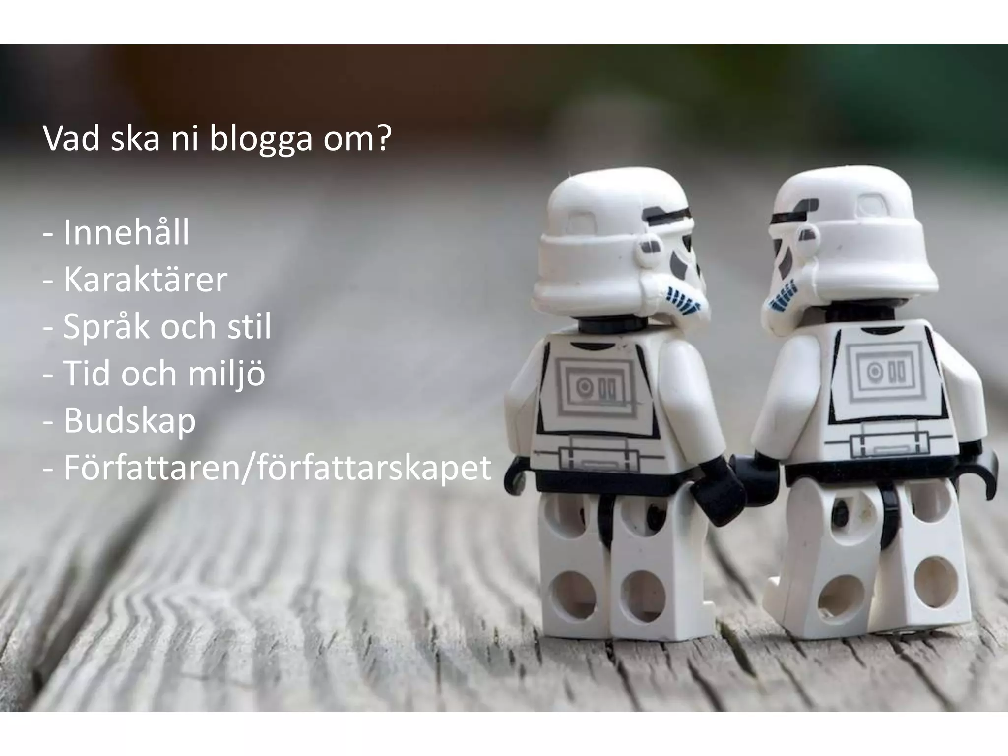 Vad ska ni blogga om?

- Innehåll
- Karaktärer
- Språk och stil
- Tid och miljö
- Budskap
- Författaren/författarskapet
 