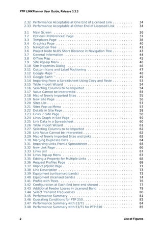 PTP LINKPlanner User Guide, Release 3.3.3


    2.32 Performance Acceptable at One End of Licensed Link . . . . . . . . .                                         34
    2.33 Performance Acceptable at Other End of Licensed Link . . . . . . .                                           34

    3.1    Main Screen . . . . . . . . . . . . . . . . . . . . . . . . . .        .   .   .   .   .   .   .   .   .   36
    3.2    Options (Preferences) Page . . . . . . . . . . . . . . . . .           .   .   .   .   .   .   .   .   .   37
    3.3    Templates Page . . . . . . . . . . . . . . . . . . . . . . . .         .   .   .   .   .   .   .   .   .   38
    3.4    Graphics Page . . . . . . . . . . . . . . . . . . . . . . . . .        .   .   .   .   .   .   .   .   .   40
    3.5    Navigation Tree . . . . . . . . . . . . . . . . . . . . . . . .        .   .   .   .   .   .   .   .   .   41
    3.6    Project Node NLOS Short Distance in Navigation Tree                    .   .   .   .   .   .   .   .   .   43
    3.7    General Information . . . . . . . . . . . . . . . . . . . . .          .   .   .   .   .   .   .   .   .   44
    3.8    Ofﬂine Map . . . . . . . . . . . . . . . . . . . . . . . . . . .       .   .   .   .   .   .   .   .   .   45
    3.9    Site Pop-up Menu . . . . . . . . . . . . . . . . . . . . . . .         .   .   .   .   .   .   .   .   .   46
    3.10   Site Properties Dialog . . . . . . . . . . . . . . . . . . . .         .   .   .   .   .   .   .   .   .   46
    3.11   Custom Icons and Label Positioning . . . . . . . . . . .               .   .   .   .   .   .   .   .   .   47
    3.12   Google Maps — . . . . . . . . . . . . . . . . . . . . . . . . .        .   .   .   .   .   .   .   .   .   48
    3.13   Google Earth — . . . . . . . . . . . . . . . . . . . . . . . . .       .   .   .   .   .   .   .   .   .   49
    3.14   Importing From a Spreadsheet Using Copy and Paste                      .   .   .   .   .   .   .   .   .   53
    3.15   Table Import Wizard . . . . . . . . . . . . . . . . . . . . .          .   .   .   .   .   .   .   .   .   54
    3.16   Selecting Columns to be Imported . . . . . . . . . . . .               .   .   .   .   .   .   .   .   .   54
    3.17   Value Cannot be Interpreted . . . . . . . . . . . . . . . .            .   .   .   .   .   .   .   .   .   55
    3.18   Map of Newly Imported Sites . . . . . . . . . . . . . . . .            .   .   .   .   .   .   .   .   .   55
    3.19   New Site Page . . . . . . . . . . . . . . . . . . . . . . . . .        .   .   .   .   .   .   .   .   .   56
    3.20   Sites List . . . . . . . . . . . . . . . . . . . . . . . . . . . . .   .   .   .   .   .   .   .   .   .   57
    3.21   Sites Pop-up Menu . . . . . . . . . . . . . . . . . . . . . .          .   .   .   .   .   .   .   .   .   57
    3.22   Details in Site Page . . . . . . . . . . . . . . . . . . . . . .       .   .   .   .   .   .   .   .   .   58
    3.23   Links in Site Page . . . . . . . . . . . . . . . . . . . . . . .       .   .   .   .   .   .   .   .   .   58
    3.24   Links Graph in Site Page . . . . . . . . . . . . . . . . . .           .   .   .   .   .   .   .   .   .   59
    3.25   Link Data in a Spreadsheet . . . . . . . . . . . . . . . . .           .   .   .   .   .   .   .   .   .   60
    3.26   Table Import Wizard . . . . . . . . . . . . . . . . . . . . .          .   .   .   .   .   .   .   .   .   61
    3.27   Selecting Columns to be Imported . . . . . . . . . . . .               .   .   .   .   .   .   .   .   .   62
    3.28   Link Value Cannot be Interpreted . . . . . . . . . . . . .             .   .   .   .   .   .   .   .   .   62
    3.29   Map of Newly Imported Sites and Links . . . . . . . . .                .   .   .   .   .   .   .   .   .   63
    3.30   Merging Duplicate Data . . . . . . . . . . . . . . . . . . .           .   .   .   .   .   .   .   .   .   64
    3.31   Importing Links From a Spreadsheet . . . . . . . . . . .               .   .   .   .   .   .   .   .   .   65
    3.32   New Link Page . . . . . . . . . . . . . . . . . . . . . . . . .        .   .   .   .   .   .   .   .   .   66
    3.33   Links List . . . . . . . . . . . . . . . . . . . . . . . . . . . .     .   .   .   .   .   .   .   .   .   67
    3.34   Links Pop-up Menu . . . . . . . . . . . . . . . . . . . . . .          .   .   .   .   .   .   .   .   .   67
    3.35   Editing a Property for Multiple Links . . . . . . . . . . .            .   .   .   .   .   .   .   .   .   68
    3.36   Request Proﬁles Page . . . . . . . . . . . . . . . . . . . .           .   .   .   .   .   .   .   .   .   69
    3.37   Import.ptpdat Page . . . . . . . . . . . . . . . . . . . . . .         .   .   .   .   .   .   .   .   .   71
    3.38   Link Description . . . . . . . . . . . . . . . . . . . . . . . .       .   .   .   .   .   .   .   .   .   73
    3.39   Equipment (unlicensed bands) . . . . . . . . . . . . . .               .   .   .   .   .   .   .   .   .   73
    3.40   Equipment (licensed bands) . . . . . . . . . . . . . . . .             .   .   .   .   .   .   .   .   .   74
    3.41   Proﬁle with Trees . . . . . . . . . . . . . . . . . . . . . . .        .   .   .   .   .   .   .   .   .   76
    3.42   Conﬁguration at Each End (one end shown) . . . . . .                   .   .   .   .   .   .   .   .   .   77
    3.43   Additional Feeder Losses in Licensed Band . . . . . .                  .   .   .   .   .   .   .   .   .   79
    3.44   Select Transmit Frequencies . . . . . . . . . . . . . . . .            .   .   .   .   .   .   .   .   .   80
    3.45   Performance Summary . . . . . . . . . . . . . . . . . . .              .   .   .   .   .   .   .   .   .   81
    3.46   Operating Conditions for PTP 250 . . . . . . . . . . . . .             .   .   .   .   .   .   .   .   .   82
    3.47   Performance Summary with E1/T1 . . . . . . . . . . . .                 .   .   .   .   .   .   .   .   .   84
    3.48   Performance Summary with E1/T1 for PTP 810 . . . .                     .   .   .   .   .   .   .   .   .   85


2                                                                                                     List of Figures
 