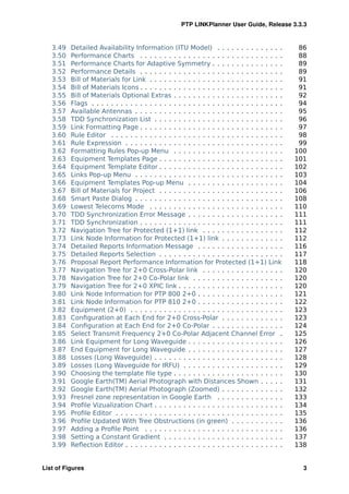 PTP LINKPlanner User Guide, Release 3.3.3


   3.49   Detailed Availability Information (ITU Model) . . . . . . . . . . . . . .                86
   3.50   Performance Charts . . . . . . . . . . . . . . . . . . . . . . . . . . . . . .           88
   3.51   Performance Charts for Adaptive Symmetry . . . . . . . . . . . . . . .                   89
   3.52   Performance Details . . . . . . . . . . . . . . . . . . . . . . . . . . . . . .          89
   3.53   Bill of Materials for Link . . . . . . . . . . . . . . . . . . . . . . . . . . . .       91
   3.54   Bill of Materials Icons . . . . . . . . . . . . . . . . . . . . . . . . . . . . . .      91
   3.55   Bill of Materials Optional Extras . . . . . . . . . . . . . . . . . . . . . . .          92
   3.56   Flags . . . . . . . . . . . . . . . . . . . . . . . . . . . . . . . . . . . . . . . .    94
   3.57   Available Antennas . . . . . . . . . . . . . . . . . . . . . . . . . . . . . . .         95
   3.58   TDD Synchronization List . . . . . . . . . . . . . . . . . . . . . . . . . . .           96
   3.59   Link Formatting Page . . . . . . . . . . . . . . . . . . . . . . . . . . . . . .         97
   3.60   Rule Editor . . . . . . . . . . . . . . . . . . . . . . . . . . . . . . . . . . . .      98
   3.61   Rule Expression . . . . . . . . . . . . . . . . . . . . . . . . . . . . . . . . .        99
   3.62   Formatting Rules Pop-up Menu . . . . . . . . . . . . . . . . . . . . . . .              100
   3.63   Equipment Templates Page . . . . . . . . . . . . . . . . . . . . . . . . . .            101
   3.64   Equipment Template Editor . . . . . . . . . . . . . . . . . . . . . . . . . .           102
   3.65   Links Pop-up Menu . . . . . . . . . . . . . . . . . . . . . . . . . . . . . . .         103
   3.66   Equipment Templates Pop-up Menu . . . . . . . . . . . . . . . . . . . .                 104
   3.67   Bill of Materials for Project . . . . . . . . . . . . . . . . . . . . . . . . . .       106
   3.68   Smart Paste Dialog . . . . . . . . . . . . . . . . . . . . . . . . . . . . . . .        108
   3.69   Lowest Telecoms Mode . . . . . . . . . . . . . . . . . . . . . . . . . . . .            110
   3.70   TDD Synchronization Error Message . . . . . . . . . . . . . . . . . . . .               111
   3.71   TDD Synchronization . . . . . . . . . . . . . . . . . . . . . . . . . . . . . .         111
   3.72   Navigation Tree for Protected (1+1) link . . . . . . . . . . . . . . . . .              112
   3.73   Link Node Information for Protected (1+1) link . . . . . . . . . . . . .                112
   3.74   Detailed Reports Information Message . . . . . . . . . . . . . . . . . .                116
   3.75   Detailed Reports Selection . . . . . . . . . . . . . . . . . . . . . . . . . .          117
   3.76   Proposal Report Performance Information for Protected (1+1) Link                        118
   3.77   Navigation Tree for 2+0 Cross-Polar link . . . . . . . . . . . . . . . . .              120
   3.78   Navigation Tree for 2+0 Co-Polar link . . . . . . . . . . . . . . . . . . .             120
   3.79   Navigation Tree for 2+0 XPIC link . . . . . . . . . . . . . . . . . . . . . .           120
   3.80   Link Node Information for PTP 800 2+0 . . . . . . . . . . . . . . . . . .               121
   3.81   Link Node Information for PTP 810 2+0 . . . . . . . . . . . . . . . . . .               122
   3.82   Equipment (2+0) . . . . . . . . . . . . . . . . . . . . . . . . . . . . . . . .         123
   3.83   Conﬁguration at Each End for 2+0 Cross-Polar . . . . . . . . . . . . .                  123
   3.84   Conﬁguration at Each End for 2+0 Co-Polar . . . . . . . . . . . . . . .                 124
   3.85   Select Transmit Frequency 2+0 Co-Polar Adjacent Channel Error .                         125
   3.86   Link Equipment for Long Waveguide . . . . . . . . . . . . . . . . . . . .               126
   3.87   End Equipment for Long Waveguide . . . . . . . . . . . . . . . . . . . .                127
   3.88   Losses (Long Waveguide) . . . . . . . . . . . . . . . . . . . . . . . . . . .           128
   3.89   Losses (Long Waveguide for IRFU) . . . . . . . . . . . . . . . . . . . . .              129
   3.90   Choosing the template ﬁle type . . . . . . . . . . . . . . . . . . . . . . .            130
   3.91   Google Earth(TM) Aerial Photograph with Distances Shown . . . . .                       131
   3.92   Google Earth(TM) Aerial Photograph (Zoomed) . . . . . . . . . . . . .                   132
   3.93   Fresnel zone representation in Google Earth . . . . . . . . . . . . . .                 133
   3.94   Proﬁle Vizualization Chart . . . . . . . . . . . . . . . . . . . . . . . . . . .        134
   3.95   Proﬁle Editor . . . . . . . . . . . . . . . . . . . . . . . . . . . . . . . . . . .     135
   3.96   Proﬁle Updated With Tree Obstructions (in green) . . . . . . . . . . .                  136
   3.97   Adding a Proﬁle Point . . . . . . . . . . . . . . . . . . . . . . . . . . . . .         136
   3.98   Setting a Constant Gradient . . . . . . . . . . . . . . . . . . . . . . . . .           137
   3.99   Reﬂection Editor . . . . . . . . . . . . . . . . . . . . . . . . . . . . . . . . .      138


List of Figures                                                                                     3
 