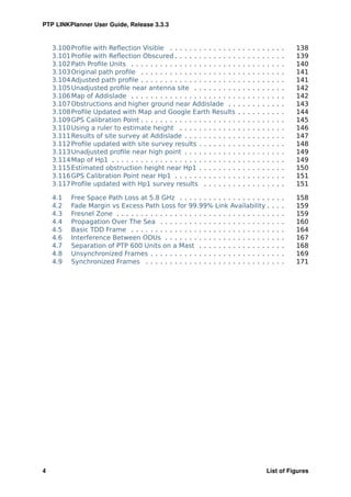 PTP LINKPlanner User Guide, Release 3.3.3


    3.100 Proﬁle with Reﬂection Visible . . . . . . . . . . . . . .        .   .   .   .   .   .   .   .   .   .   138
    3.101 Proﬁle with Reﬂection Obscured . . . . . . . . . . . . .         .   .   .   .   .   .   .   .   .   .   139
    3.102 Path Proﬁle Units . . . . . . . . . . . . . . . . . . . . . .    .   .   .   .   .   .   .   .   .   .   140
    3.103 Original path proﬁle . . . . . . . . . . . . . . . . . . . .     .   .   .   .   .   .   .   .   .   .   141
    3.104 Adjusted path proﬁle . . . . . . . . . . . . . . . . . . . .     .   .   .   .   .   .   .   .   .   .   141
    3.105 Unadjusted proﬁle near antenna site . . . . . . . . .            .   .   .   .   .   .   .   .   .   .   142
    3.106 Map of Addislade . . . . . . . . . . . . . . . . . . . . . .     .   .   .   .   .   .   .   .   .   .   142
    3.107 Obstructions and higher ground near Addislade . .                .   .   .   .   .   .   .   .   .   .   143
    3.108 Proﬁle Updated with Map and Google Earth Results                 .   .   .   .   .   .   .   .   .   .   144
    3.109 GPS Calibration Point . . . . . . . . . . . . . . . . . . . .    .   .   .   .   .   .   .   .   .   .   145
    3.110 Using a ruler to estimate height . . . . . . . . . . . .         .   .   .   .   .   .   .   .   .   .   146
    3.111 Results of site survey at Addislade . . . . . . . . . . .        .   .   .   .   .   .   .   .   .   .   147
    3.112 Proﬁle updated with site survey results . . . . . . . .          .   .   .   .   .   .   .   .   .   .   148
    3.113 Unadjusted proﬁle near high point . . . . . . . . . . .          .   .   .   .   .   .   .   .   .   .   149
    3.114 Map of Hp1 . . . . . . . . . . . . . . . . . . . . . . . . . .   .   .   .   .   .   .   .   .   .   .   149
    3.115 Estimated obstruction height near Hp1 . . . . . . . .            .   .   .   .   .   .   .   .   .   .   150
    3.116 GPS Calibration Point near Hp1 . . . . . . . . . . . . .         .   .   .   .   .   .   .   .   .   .   151
    3.117 Proﬁle updated with Hp1 survey results . . . . . . .             .   .   .   .   .   .   .   .   .   .   151

    4.1    Free Space Path Loss at 5.8 GHz . . . . . . . . . . . . . . . . . . .                       .   .   .   158
    4.2    Fade Margin vs Excess Path Loss for 99.99% Link Availability .                              .   .   .   159
    4.3    Fresnel Zone . . . . . . . . . . . . . . . . . . . . . . . . . . . . . . . .                .   .   .   159
    4.4    Propagation Over The Sea . . . . . . . . . . . . . . . . . . . . . . .                      .   .   .   160
    4.5    Basic TDD Frame . . . . . . . . . . . . . . . . . . . . . . . . . . . . .                   .   .   .   164
    4.6    Interference Between ODUs . . . . . . . . . . . . . . . . . . . . . .                       .   .   .   167
    4.7    Separation of PTP 600 Units on a Mast . . . . . . . . . . . . . . .                         .   .   .   168
    4.8    Unsynchronized Frames . . . . . . . . . . . . . . . . . . . . . . . . .                     .   .   .   169
    4.9    Synchronized Frames . . . . . . . . . . . . . . . . . . . . . . . . . .                     .   .   .   171




4                                                                                                  List of Figures
 