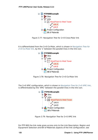 PTP LINKPlanner User Guide, Release 3.3.3




               Figure 3.77: Navigation Tree for 2+0 Cross-Polar link



It is differentiated from the 2+0 Co-Polar, which is shown in Navigation Tree for
2+0 Co-Polar link, by the ‘x’ between the parallel lines in the link icon.




                Figure 3.78: Navigation Tree for 2+0 Co-Polar link



The 2+0 XPIC conﬁguration, which is shown in Navigation Tree for 2+0 XPIC link,
is differentiated by the ‘XPIC’ between the parallel lines in the link icon.




                  Figure 3.79: Navigation Tree for 2+0 XPIC link



For PTP 800 the link node gives access only to the Link Description, Region and
Equipment Selection and Bill of Materials aspects of the link conﬁguration, see

120                                                 Chapter 3. Using PTP LINKPlanner
 