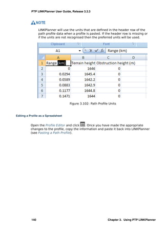 PTP LINKPlanner User Guide, Release 3.3.3




                 LINKPlanner will use the units that are deﬁned in the header row of the
                 path proﬁle data when a proﬁle is pasted. If the header row is missing or
                 if the units are not recognised then the preferred units will be used.




                                     Figure 3.102: Path Proﬁle Units



Editing a Proﬁle as a Spreadsheet


          Open the Proﬁle Editor and click    . Once you have made the appropriate
          changes to the proﬁle, copy the information and paste it back into LINKPlanner
          (see Pasting a Path Proﬁle).




           140                                                 Chapter 3. Using PTP LINKPlanner
 