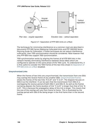 PTP LINKPlanner User Guide, Release 3.3.3




                         Figure 4.7: Separation of PTP 600 Units on a Mast


        The techniques for minimizing interference on a common mast are described in
        documents PTP 600 Series Deploying Collocated Units and PTP 300/500 Series
        Planning Guide for Collocation. If these techniques do not reduce interference
        sufﬁciently, then TDD synchronization should be considered. Note however that
        only PTP 600 links support TDD synchronization.
        TDD synchronization works by aligning the frames of all PTP 600 links in the
        network thereby eliminating interference between those ODUs which are
        conﬁgured to operate on the same phase of the TDD cycle. To understand this, it
        is ﬁrst useful to consider the TDD frames of the two links shown in Separation of
        PTP 600 Units on a Mast disabled.

Unsynchronized Links

        When the frames of two links are unsynchronized, the transmission from one ODU
        may overlap the receive frame of any another ODU. Unsynchronized Frames
        shows the frames of the two links “A to B” and “C to D”. The diagram focuses on
        ODU A as the interferer. It can be seen that the transmission from ODU A is
        overlapping the receive period of both ODU C and ODU D. As well as the frames
        not being aligned, the frame duration of link “C to D” is longer than that of link “A
        to B”. This is because the propagation delay of this link is longer. This means that
        the size of the overlap will vary from frame to frame. This is illustrated by the
        overlap period with ODU D Rx being longer in the ﬁrst frame than in the second
        frame.




         168                                                Chapter 4. Background Information
 