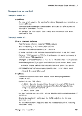 PTP LINKPlanner User Guide, Release 3.3.3



Changes since version 2.0.0

Changes in version 3.3.3

         Bug Fixes
            ˆ Fix error which prevents the warning from being displayed when importing an
              incorrect ﬁle type
            ˆ Correct export links to spreadsheet so that it includes the primary link and
              both paths for PTP810 2+0 links
            ˆ Fix bug with the “paste sites” functionality which caused an error when
              pasting CSV data

Changes in version 3.3.2

         New or changed features
            ˆ Add the lowest ethernet mode to PTP600 products
            ˆ New functionality to import links from CSV ﬁle
            ˆ Include the 30 MHz bandwidth for 4.5 GHz NTIA
            ˆ It is now possible to edit multiple antenna height values in the Links page
            ˆ Rename FCC (Extended) to FCC (Rural) and update the warning message to
              reﬂect the new FCC regulations
            ˆ Change 6 GHz “Cat B” licenses to “Cat B1” to reﬂect the new FCC regulations
            ˆ PTP250 has preliminary support for additional licenses in the 5.8 GHz band
                – Finland, Greece, Iceland, Liechtenstein, Portugal, Serbia, Switzerland
            ˆ PTP600 ATEX/HAZLOC supports additional licenses in the 5.8 GHz band
                – Finland, Greece, and Portugal
         Bug Fixes
            ˆ Correct the reported installation receive power during alignment for
              protected links
            ˆ Update the max EIRP values:
                – 5.8 GHz - Bahrain, Bahrain, China, Denmark, Denmark, ETSI, Finland,
                  Germany, Greece, Iceland, Ireland, Liechtenstein, Portugal, Serbia,
                  Singapore, Spain, Switzerland, UK
                – 5.4 GHz - South Korea
            ˆ Fix bug to ensure that the correct ﬂexible waveguide options are available for
              IRFU links
            ˆ Display the availability tooltip over the E1/T1 controls in the link loss
              summary panel
            ˆ Fix bug where transmit frequency does not reset correctly when switching
              band (1+1 links)


         Changes since version 2.0.0                                                        189
 
