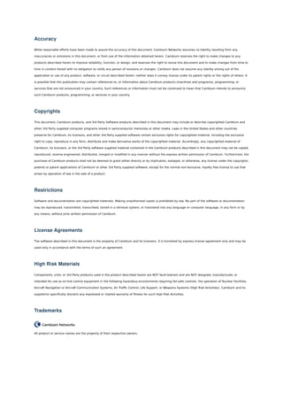 Accuracy

While reasonable efforts have been made to assure the accuracy of this document, Cambium Networks assumes no liability resulting from any

inaccuracies or omissions in this document, or from use of the information obtained herein. Cambium reserves the right to make changes to any

products described herein to improve reliability, function, or design, and reserves the right to revise this document and to make changes from time to

time in content hereof with no obligation to notify any person of revisions or changes. Cambium does not assume any liability arising out of the

application or use of any product, software, or circuit described herein; neither does it convey license under its patent rights or the rights of others. It

is possible that this publication may contain references to, or information about Cambium products (machines and programs), programming, or

services that are not announced in your country. Such references or information must not be construed to mean that Cambium intends to announce

such Cambium products, programming, or services in your country.




Copyrights

This document, Cambium products, and 3rd Party Software products described in this document may include or describe copyrighted Cambium and

other 3rd Party supplied computer programs stored in semiconductor memories or other media. Laws in the United States and other countries

preserve for Cambium, its licensors, and other 3rd Party supplied software certain exclusive rights for copyrighted material, including the exclusive

right to copy, reproduce in any form, distribute and make derivative works of the copyrighted material. Accordingly, any copyrighted material of

Cambium, its licensors, or the 3rd Party software supplied material contained in the Cambium products described in this document may not be copied,

reproduced, reverse engineered, distributed, merged or modiﬁed in any manner without the express written permission of Cambium. Furthermore, the

purchase of Cambium products shall not be deemed to grant either directly or by implication, estoppel, or otherwise, any license under the copyrights,

patents or patent applications of Cambium or other 3rd Party supplied software, except for the normal non-exclusive, royalty free license to use that

arises by operation of law in the sale of a product.




Restrictions

Software and documentation are copyrighted materials. Making unauthorized copies is prohibited by law. No part of the software or documentation

may be reproduced, transmitted, transcribed, stored in a retrieval system, or translated into any language or computer language, in any form or by

any means, without prior written permission of Cambium.




License Agreements

The software described in this document is the property of Cambium and its licensors. It is furnished by express license agreement only and may be

used only in accordance with the terms of such an agreement.




High Risk Materials

Components, units, or 3rd Party products used in the product described herein are NOT fault-tolerant and are NOT designed, manufactured, or

intended for use as on-line control equipment in the following hazardous environments requiring fail-safe controls: the operation of Nuclear Facilities,

Aircraft Navigation or Aircraft Communication Systems, Air Trafﬁc Control, Life Support, or Weapons Systems (High Risk Activities). Cambium and its

supplier(s) speciﬁcally disclaim any expressed or implied warranty of ﬁtness for such High Risk Activities.




Trademarks



All product or service names are the property of their respective owners.
 