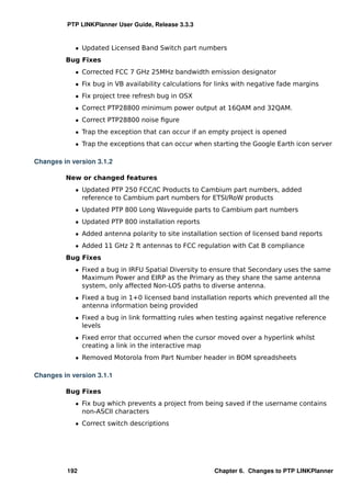 PTP LINKPlanner User Guide, Release 3.3.3


            ˆ Updated Licensed Band Switch part numbers
         Bug Fixes
            ˆ Corrected FCC 7 GHz 25MHz bandwidth emission designator
            ˆ Fix bug in VB availability calculations for links with negative fade margins
            ˆ Fix project tree refresh bug in OSX
            ˆ Correct PTP28800 minimum power output at 16QAM and 32QAM.
            ˆ Correct PTP28800 noise ﬁgure
            ˆ Trap the exception that can occur if an empty project is opened
            ˆ Trap the exceptions that can occur when starting the Google Earth icon server

Changes in version 3.1.2

         New or changed features
            ˆ Updated PTP 250 FCC/IC Products to Cambium part numbers, added
              reference to Cambium part numbers for ETSI/RoW products
            ˆ Updated PTP 800 Long Waveguide parts to Cambium part numbers
            ˆ Updated PTP 800 installation reports
            ˆ Added antenna polarity to site installation section of licensed band reports
            ˆ Added 11 GHz 2 ft antennas to FCC regulation with Cat B compliance
         Bug Fixes
            ˆ Fixed a bug in IRFU Spatial Diversity to ensure that Secondary uses the same
              Maximum Power and EIRP as the Primary as they share the same antenna
              system, only affected Non-LOS paths to diverse antenna.
            ˆ Fixed a bug in 1+0 licensed band installation reports which prevented all the
              antenna information being provided
            ˆ Fixed a bug in link formatting rules when testing against negative reference
              levels
            ˆ Fixed error that occurred when the cursor moved over a hyperlink whilst
              creating a link in the interactive map
            ˆ Removed Motorola from Part Number header in BOM spreadsheets

Changes in version 3.1.1

         Bug Fixes
            ˆ Fix bug which prevents a project from being saved if the username contains
              non-ASCII characters
            ˆ Correct switch descriptions




          192                                           Chapter 6. Changes to PTP LINKPlanner
 