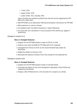 PTP LINKPlanner User Guide, Release 3.3.3


                – 7 GHz: ETSI
                – Upper 6 GHz: ETSI
                – Lower 6 GHz: FCC, Canada, ETSI
              Some of these are marked as preliminary and will not be supported by PTP
              800 until a later date.
            ˆ Add PTP-SYNC as an alternative TDD Synchronization mechanism for PTP 600
            ˆ Add submenus in column chooser
            ˆ Fix problems with non-ASCII characters in report ﬁlenames
            ˆ Fix issue with rain calculation in very dry parts of the world (e.g. Egypt or
              Antarctica)

Changes in version 2.1.0

         New or changed features
            ˆ Support for the PTP 800 product range in ETSI at 11 GHz
            ˆ Fixed an error with the BoM for PTP 600 with E1/T1 selected
            ˆ Changed from Chmox to iChm as the recommended help reader for
              Macintosh
            ˆ Added the ability to reverse a link
            ˆ Removed the distance markers from links except for the selected link

Changes in version 2.0.0

         New or changed features
            ˆ Support for the PTP 800 product range in licensed bands.
            ˆ Calculate the effects of rain and atmospheric absorption (ITU-R P.530 and
              supporting standards).
            ˆ Display a Bill of Materials for a link and also for a project as a whole.




         Changes since version 2.0.0                                                          203
 