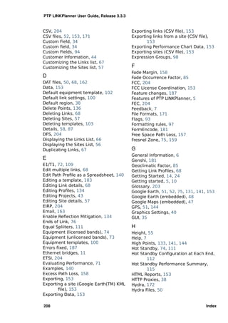 PTP LINKPlanner User Guide, Release 3.3.3


CSV, 204                                    Exporting links (CSV ﬁle), 153
CSV ﬁles, 52, 153, 171                      Exporting links from a site (CSV ﬁle),
Custom Field, 34                                   153
Custom ﬁeld, 34                             Exporting Performance Chart Data, 153
Custom Fields, 94                           Exporting sites (CSV ﬁle), 153
Customer Information, 44                    Expression Groups, 98
Customizing the Links list, 67
Customizing the Sites list, 57              F
                                            Fade Margin, 158
D                                           Fade Occurrence Factor, 85
DAT ﬁles, 50, 68, 162                       FCC, 204
Data, 153                                   FCC License Coordination, 153
Default equipment template, 102             Feature changes, 187
Default link settings, 100                  Features of PTP LINKPlanner, 5
Default region, 38                          FEC, 204
Delete Points, 136                          Feedback, 7
Deleting Links, 68                          File Formats, 171
Deleting Sites, 57                          Flags, 93
Deleting templates, 103                     Formatting rules, 97
Details, 58, 87                             FormEncode, 181
DFS, 204                                    Free Space Path Loss, 157
Displaying the Links List, 66               Fresnel Zone, 75, 159
Displaying the Sites List, 56
Duplicating Links, 67                       G
                                            General Information, 6
E                                           Genshi, 181
E1/T1, 72, 109                              Geoclimatic Factor, 85
Edit multiple links, 68                     Getting Link Proﬁles, 68
Edit Path Proﬁle as a Spreadsheet, 140      Getting Started, 14, 24
Editing a template, 103                     Getting started, 5, 10
Editing Link details, 68                    Glossary, 203
Editing Proﬁles, 134                        Google Earth, 51, 52, 75, 131, 141, 153
Editing Projects, 43                        Google Earth (embedded), 48
Editing Site details, 57                    Google Maps (embedded), 47
EIRP, 204                                   GPS, 51, 144
Email, 163                                  Graphics Settings, 40
Enable Reﬂection Mitigation, 134            GUI, 35
Ends of Link, 76
Equal Spliiters, 111                        H
Equipment (licensed bands), 74              Height, 55
Equipment (unlicensed bands), 73            Help, 7
Equipment templates, 100                    High Points, 133, 141, 144
Errors ﬁxed, 187                            Hot Standby, 74, 111
Ethernet bridges, 11                        Hot Standby Conﬁguration at Each End,
ETSI, 204                                           112
Evaluating Performance, 71                  Hot Standby Performance Summary,
Examples, 140                                       115
Excess Path Loss, 158                       HTML Reports, 153
Exporting, 153                              HTTP Proxies, 38
Exporting a site (Google Earth(TM) KML      Hydra, 172
        ﬁle), 153                           Hydra Files, 50
Exporting Data, 153

208                                                                            Index
 