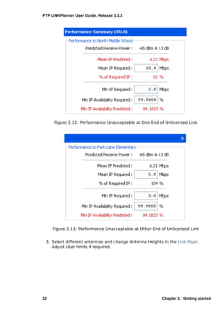 PTP LINKPlanner User Guide, Release 3.3.3




      Figure 2.12: Performance Unacceptable at One End of Unlicensed Link




     Figure 2.13: Performance Unacceptable at Other End of Unlicensed Link


 3. Select different antennas and change Antenna Heights in the Link Page.
    Adjust User limits if required.




22                                                      Chapter 2. Getting started
 