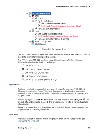 PTP LINKPlanner User Guide, Release 3.3.3




                                          Figure 3.5: Navigation Tree


             Use the + and - boxes to open and close each level: project, site and link. Click on
             a node to open it for viewing and updating.
             The PTP 800 and PTP 810 products have different types of links which are
             differentiated using the link icon as follows:

                     Link Type = 1+0

                     Link Type = 1+1 Hot Standby

                     Link Type = 2+0 Cross-Polar

                     Link Type = 2+0 Co-Polar

                     Link Type = 2+0 XPIC (PTP 810 only)

Project Node

             To display the Project page, click on a project node, for example “NLOS Short
             Distance”. See Project Page. When a project name is displayed in bold in the
             navigation tree, it means that project details have been inserted or updated but
             not yet saved.

             To save a project, select File, Save (or Save As), or select Save Project     . All
             project, site and link data is saved. The project name reverts to normal typeface
             when saved.
             To see how many sites and links there are in a project hover the mouse over the
             project name in the navigation tree.

Sites Node

             To display the list of all sites within the project, click on the “Sites” node. See
             Displaying the Sites List.



             Starting the Application                                                              41
 