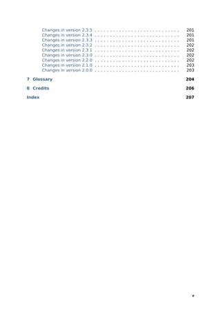 Changes   in   version   2.3.5   .   .   .   .   .   .   .   .   .   .   .   .   .   .   .   .   .   .   .   .   .   .   .   .   .   .   .   .   201
        Changes   in   version   2.3.4   .   .   .   .   .   .   .   .   .   .   .   .   .   .   .   .   .   .   .   .   .   .   .   .   .   .   .   .   201
        Changes   in   version   2.3.3   .   .   .   .   .   .   .   .   .   .   .   .   .   .   .   .   .   .   .   .   .   .   .   .   .   .   .   .   201
        Changes   in   version   2.3.2   .   .   .   .   .   .   .   .   .   .   .   .   .   .   .   .   .   .   .   .   .   .   .   .   .   .   .   .   202
        Changes   in   version   2.3.1   .   .   .   .   .   .   .   .   .   .   .   .   .   .   .   .   .   .   .   .   .   .   .   .   .   .   .   .   202
        Changes   in   version   2.3.0   .   .   .   .   .   .   .   .   .   .   .   .   .   .   .   .   .   .   .   .   .   .   .   .   .   .   .   .   202
        Changes   in   version   2.2.0   .   .   .   .   .   .   .   .   .   .   .   .   .   .   .   .   .   .   .   .   .   .   .   .   .   .   .   .   202
        Changes   in   version   2.1.0   .   .   .   .   .   .   .   .   .   .   .   .   .   .   .   .   .   .   .   .   .   .   .   .   .   .   .   .   203
        Changes   in   version   2.0.0   .   .   .   .   .   .   .   .   .   .   .   .   .   .   .   .   .   .   .   .   .   .   .   .   .   .   .   .   203

7 Glossary                                                                                                                                               204

8 Credits                                                                                                                                                206

Index                                                                                                                                                    207




                                                                                                                                                           v
 