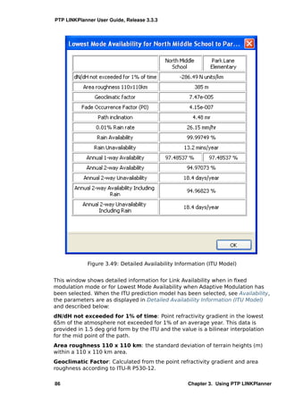 PTP LINKPlanner User Guide, Release 3.3.3




             Figure 3.49: Detailed Availability Information (ITU Model)


This window shows detailed information for Link Availability when in ﬁxed
modulation mode or for Lowest Mode Availability when Adaptive Modulation has
been selected. When the ITU prediction model has been selected, see Availability,
the parameters are as displayed in Detailed Availability Information (ITU Model)
and described below:
dN/dH not exceeded for 1% of time: Point refractivity gradient in the lowest
65m of the atmosphere not exceeded for 1% of an average year. This data is
provided in 1.5 deg grid form by the ITU and the value is a bilinear interpolation
for the mid point of the path.
Area roughness 110 x 110 km: the standard deviation of terrain heights (m)
within a 110 x 110 km area.
Geoclimatic Factor: Calculated from the point refractivity gradient and area
roughness according to ITU-R P530-12.

86                                                  Chapter 3. Using PTP LINKPlanner
 