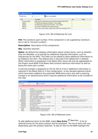 PTP LINKPlanner User Guide, Release 3.3.3




                        Figure 3.53: Bill of Materials for Link


P/N: The Cambium part number. If the component is not supplied by Cambium,
this is set to ‘(no part number)’.
Description: Description of the components.
Qty: Quantity required.
Notes: By default this displays information about certain items, such as whether
they are obsolete, or to prompt for additional required information, such as
frequencies for the IRFU. This ﬁeld can be edited to allow additional information to
be added to the item. The default text is returned if the edited text is deleted.
When information is displayed in the Notes ﬁeld, items will only be aggregated at
the Project Level BOM if the Notes ﬁeld contains identical information as well as
being the same part number.
A warning triangle is displayed on the far left of a line if additional information is
required in the Notes ﬁeld or in the conﬁguration. A star denotes optional extras
which have been added to the automatic BOM items and a star with a warning
triangle is an optional extra which requires additional information to be included in
the note.




                          Figure 3.54: Bill of Materials Icons


To add additional items to the BOM, select New Extra                   . A list of
optional extras for the given product will be displayed. The list of items will vary
depending upon the product selected. To add an item to the BOM highlight the


Link Page                                                                              91
 