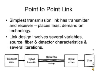 3
Point to Point Link
• Simplest transmission link has transmitter
and receiver – places least demand on
technology.
• Link design involves several variables,
source, fiber & detector characteristics &
several iterations.
User
 