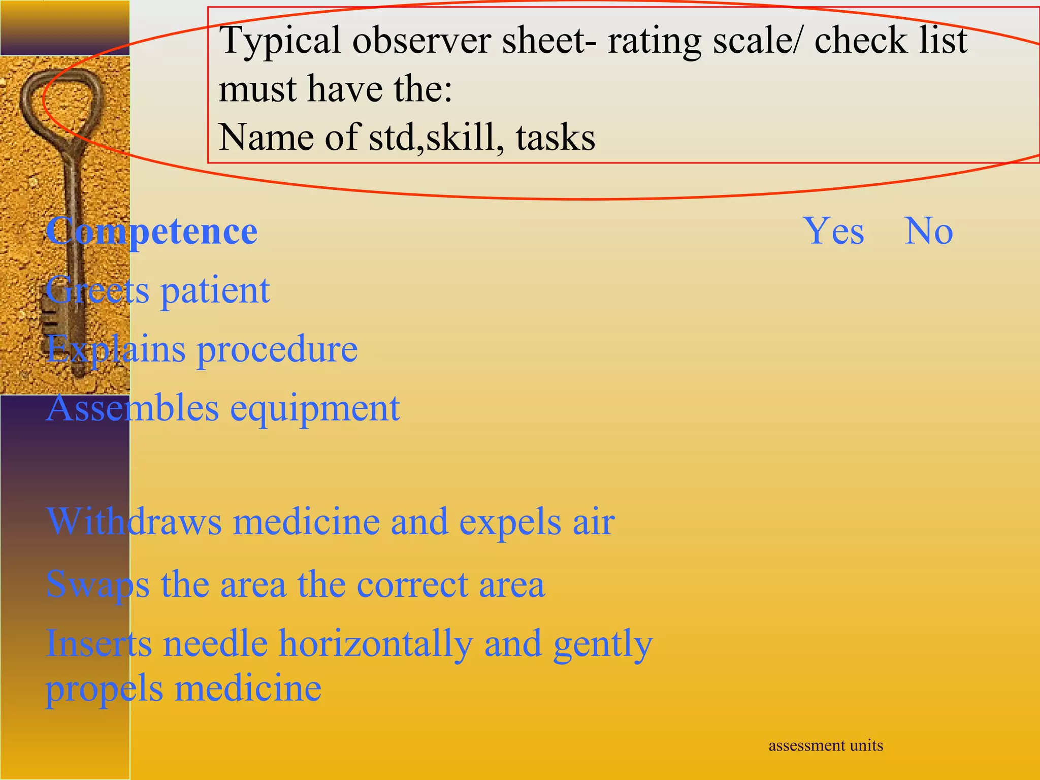assessment units
Typical observer sheet- rating scale/ check list
must have the:
Name of std,skill, tasks
Competence Yes No
Greets patient
Explains procedure
Assembles equipment
Withdraws medicine and expels air
Swaps the area the correct area
Inserts needle horizontally and gently
propels medicine
 