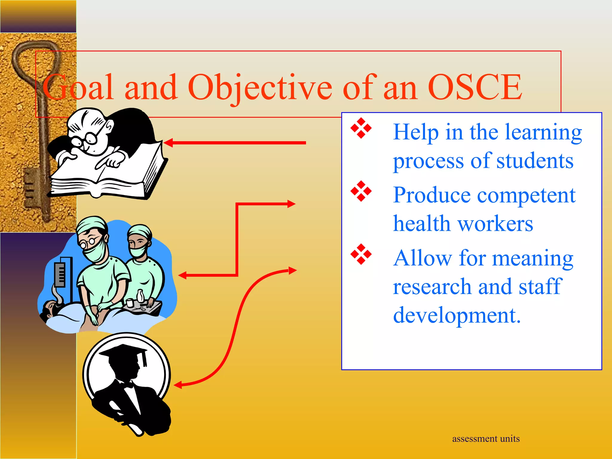 assessment units
Goal and Objective of an OSCE
 Help in the learning
process of students
 Produce competent
health workers
 Allow for meaning
research and staff
development.
 