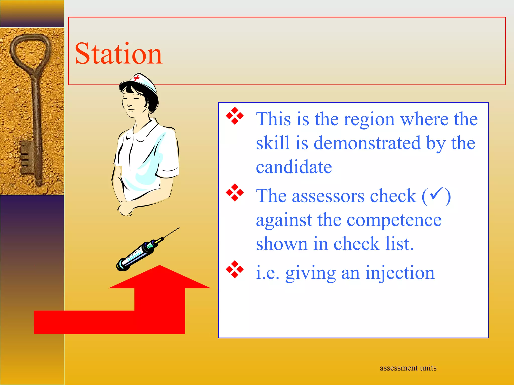 assessment units
Station
 This is the region where the
skill is demonstrated by the
candidate
 The assessors check ()
against the competence
shown in check list.
 i.e. giving an injection
 