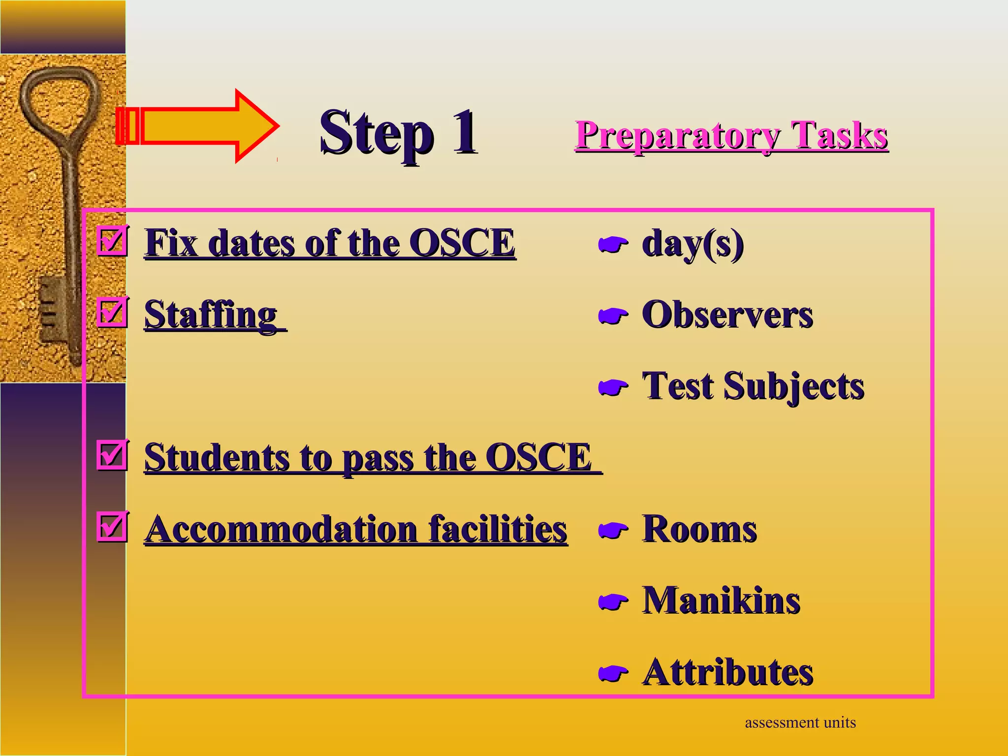 assessment units
Step 1Step 1 Preparatory TasksPreparatory Tasks
 Fix dates of the OSCEFix dates of the OSCE  day(s)day(s)
 StaffingStaffing  ObserversObservers
 Test SubjectsTest Subjects
 Students to pass the OSCEStudents to pass the OSCE
 Accommodation facilitiesAccommodation facilities  RoomsRooms
 ManikinsManikins
 AttributesAttributes
 