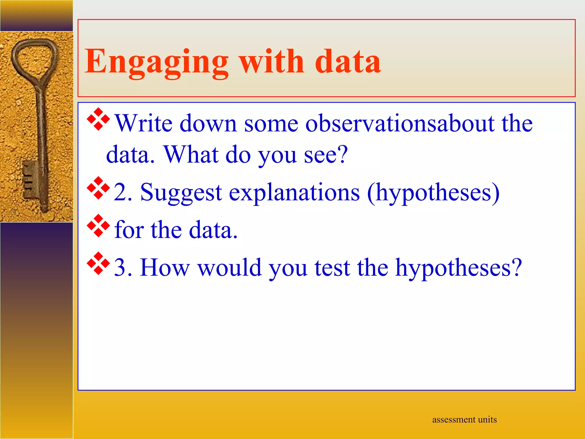 assessment units
Engaging with data
Write down some observationsabout the
data. What do you see?
2. Suggest explanations (hypotheses)
for the data.
3. How would you test the hypotheses?
 