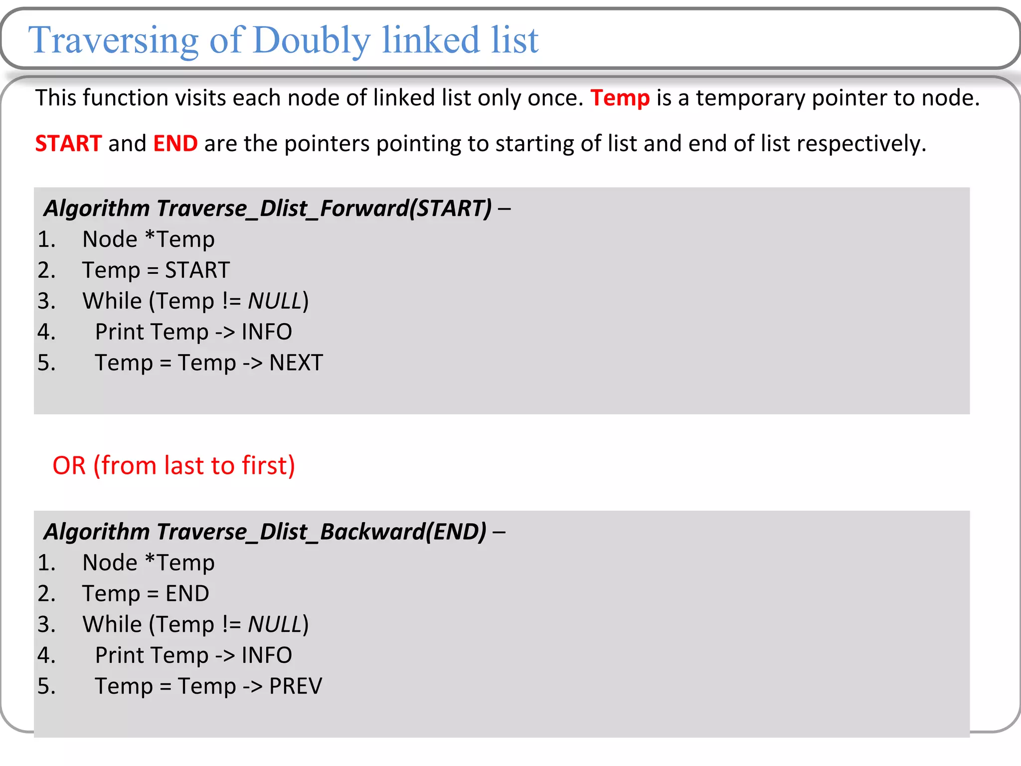 Traversing of Doubly linked list
This function visits each node of linked list only once. Temp is a temporary pointer to node.
START and END are the pointers pointing to starting of list and end of list respectively.
Algorithm Traverse_Dlist_Forward(START) –
1. Node *Temp
2. Temp = START
3. While (Temp != NULL)
4. Print Temp -> INFO
5. Temp = Temp -> NEXT
Algorithm Traverse_Dlist_Backward(END) –
1. Node *Temp
2. Temp = END
3. While (Temp != NULL)
4. Print Temp -> INFO
5. Temp = Temp -> PREV
OR (from last to first)
 