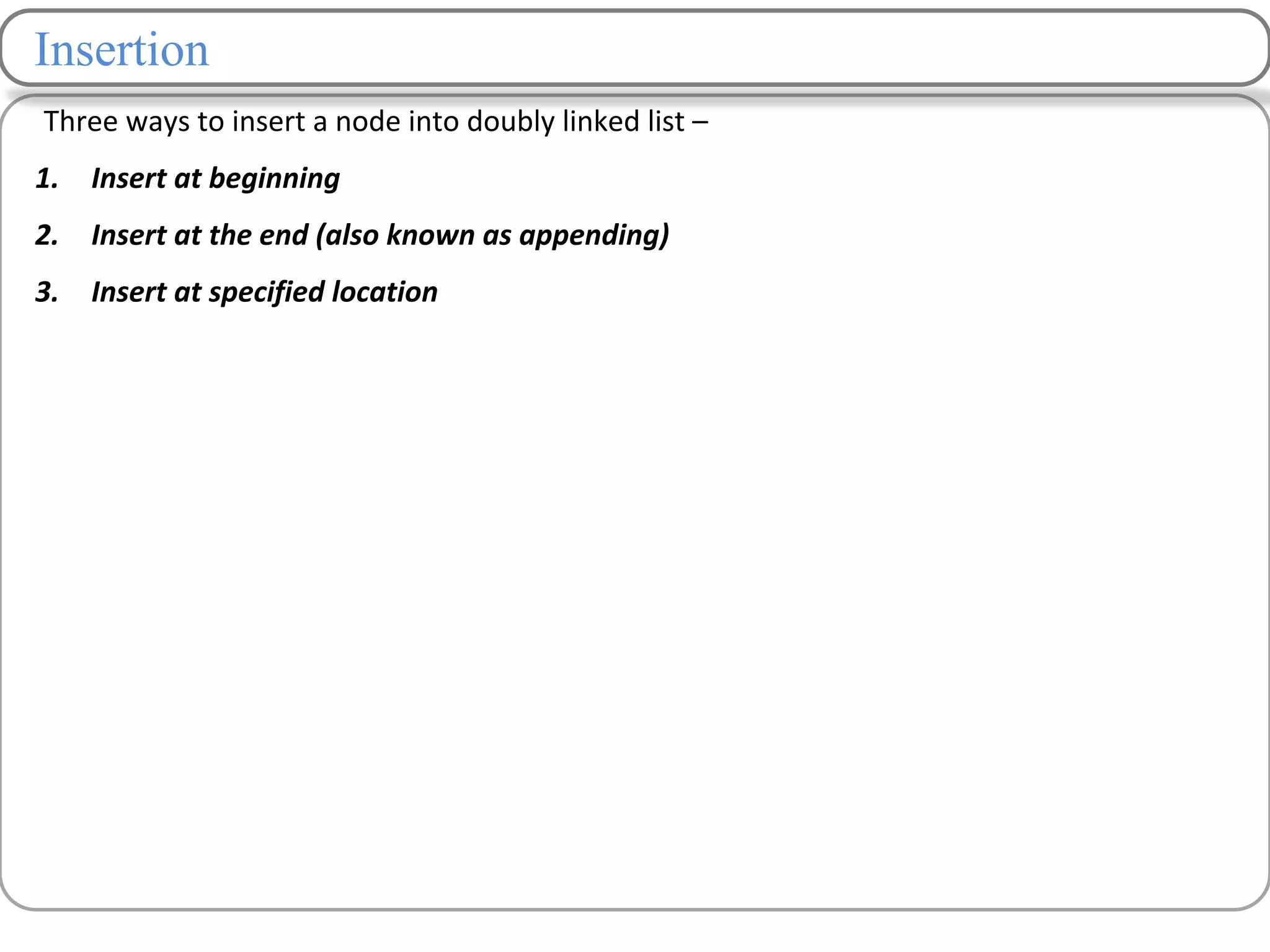 Insertion
Three ways to insert a node into doubly linked list –
1. Insert at beginning
2. Insert at the end (also known as appending)
3. Insert at specified location
 