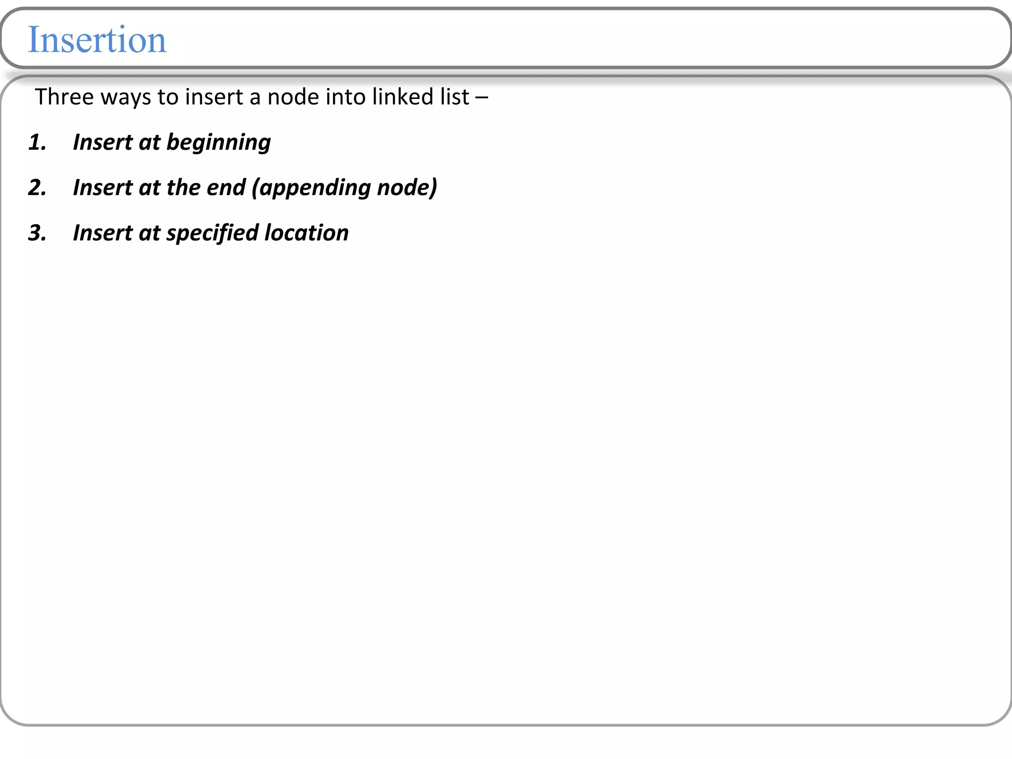 Insertion
Three ways to insert a node into linked list –
1. Insert at beginning
2. Insert at the end (appending node)
3. Insert at specified location
 
