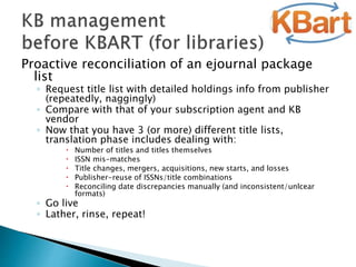 Proactive reconciliation of an ejournal package
list
◦ Request title list with detailed holdings info from publisher
(repeatedly, naggingly)
◦ Compare with that of your subscription agent and KB
vendor
◦ Now that you have 3 (or more) different title lists,
translation phase includes dealing with:
 Number of titles and titles themselves
 ISSN mis-matches
 Title changes, mergers, acquisitions, new starts, and losses
 Publisher-reuse of ISSNs/title combinations
 Reconciling date discrepancies manually (and inconsistent/unlcear
formats)
◦ Go live
◦ Lather, rinse, repeat!
 
