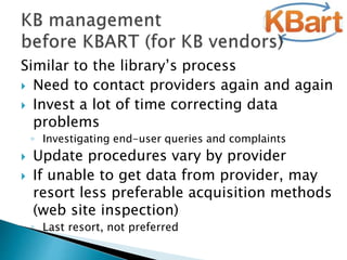 Similar to the library’s process
 Need to contact providers again and again
 Invest a lot of time correcting data
problems
◦ Investigating end-user queries and complaints
 Update procedures vary by provider
 If unable to get data from provider, may
resort less preferable acquisition methods
(web site inspection)
◦ Last resort, not preferred
 