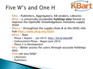 ◦ Who – Publishers, Aggregators, KB vendors, Libraries
◦ What – a universally acceptable holdings data format to
improve the OpenURL Knowledgebase metadata supply
chain
◦ Where – throughout the supply chain & at the UKSG info
hub http://www.uksg.org/kbart
◦ When – Now
 Phase 1 Report – Jan 2010 http://bit.ly/kbartRP
 Endorsement Phase – Began June 2010
 Phase 2 in Development
◦ Why – Better access for users through accurate holdings
data
◦ How can you help?
 Librarians
 Publishers
 