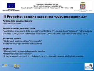 Il Progetto: Scenario caso pilota “CQSCollaboration 2.0”
UNIONE EUROPEA
FONDO EUROPEO DI SVILUPPO REGIONALE
REGIONE PUGLIA
AREA POLITICHE PER LO SVILUPPO IL LAVORO
E L’INNOVAZIONE
Intervento cofinanziato dall’U.E.
F.E.S.R. sul P.O. Regione Puglia 2007-2013
Asse I – Linea 1.1 “Aiuti agli investimenti in ricerca per le PMI - Azione 1.1.2
Ambito della sperimentazione
 Istituto finanziario
Perimetro della sperimentazione
 Applicativo di gestione della fase di Primo Contatto (Pri.Co.) di clienti “prospect”, nell’ambito del
processo di erogazione del servizio finanziario “Cessione del Quinto dello Stipendio (C.Q.S.)”
Situazione iniziale
 Sistema di gestione di tipo “procedurale”
 Sistema destinato ad utenti di back office
Esigenze
 Reingegnerizzazione della procedura online
 Destrutturazione del workflow
 Integrazione di strumenti di collaborazione e contestualizzazione alle fasi del processo
 