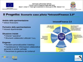 Il Progetto: Scenario caso pilota “IntranetFinance 2.0”
UNIONE EUROPEA
FONDO EUROPEO DI SVILUPPO REGIONALE
REGIONE PUGLIA
AREA POLITICHE PER LO SVILUPPO IL LAVORO
E L’INNOVAZIONE
Intervento cofinanziato dall’U.E.
F.E.S.R. sul P.O. Regione Puglia 2007-2013
Asse I – Linea 1.1 “Aiuti agli investimenti in ricerca per le PMI - Azione 1.1.2
Ambito della sperimentazione
 Istituto finanziario
Perimetro della sperimentazione
 Intranet dipartimentale
Situazione iniziale
 Intranet “operativa”
 Strumenti collaborativi utilizzati: f.a.q.
Esigenze
 Rendere personalizzabile il desktop
 Capitalizzare le “informazioni collaborative”
generate in ambito verticale
 Decentrare la gestione dei contenuti
IntranetFinance 2.0
 