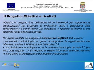 Il Progetto: Obiettivi e risultati
UNIONE EUROPEA
FONDO EUROPEO DI SVILUPPO REGIONALE
REGIONE PUGLIA
AREA POLITICHE PER LO SVILUPPO IL LAVORO
E L’INNOVAZIONE
Obiettivo di progetto è la definizione di un framework per supportare le
organizzazioni nel processo di evoluzione verso il paradigma della
collaborazione e condivisione 2.0, utilizzabile e ripetibile all’interno di una
qualsiasi realtà pubblica e privata.
Principale risultato del progetto è il framework N@Work 2.0, ovvero:
• un modello metodologico in grado di supportare le organizzazioni che
intendano avviare iniziative di tipo Enterprise 2.0
• una piattaforma tecnologica in cui le moderne tecnologie del web 2.0 (es.
wiki, blog, tagging, …) si integrano ai sistemi informativi aziendali, secondo
le linee guida di progettazione del modello metodologico
Intervento cofinanziato dall’U.E.
F.E.S.R. sul P.O. Regione Puglia 2007-2013
Asse I – Linea 1.1 “Aiuti agli investimenti in ricerca per le PMI - Azione 1.1.2
 