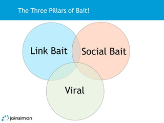 The Three Pillars of Bait!




    Link Bait          Social Bait



                 Viral
 
