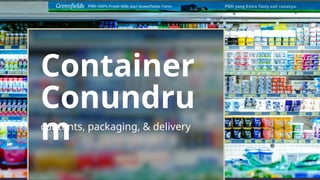 Container
Conundru
m
contents, packaging, & delivery
 
