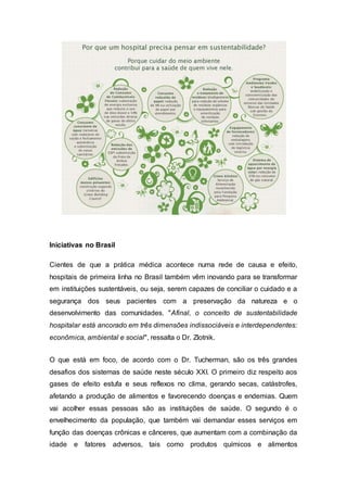 Iniciativas no Brasil
Cientes de que a prática médica acontece numa rede de causa e efeito,
hospitais de primeira linha no Brasil também vêm inovando para se transformar
em instituições sustentáveis, ou seja, serem capazes de conciliar o cuidado e a
segurança dos seus pacientes com a preservação da natureza e o
desenvolvimento das comunidades. "Afinal, o conceito de sustentabilidade
hospitalar está ancorado em três dimensões indissociáveis e interdependentes:
econômica, ambiental e social", ressalta o Dr. Zlotnik.
O que está em foco, de acordo com o Dr. Tucherman, são os três grandes
desafios dos sistemas de saúde neste século XXI. O primeiro diz respeito aos
gases de efeito estufa e seus reflexos no clima, gerando secas, catástrofes,
afetando a produção de alimentos e favorecendo doenças e endemias. Quem
vai acolher essas pessoas são as instituições de saúde. O segundo é o
envelhecimento da população, que também vai demandar esses serviços em
função das doenças crônicas e cânceres, que aumentam com a combinação da
idade e fatores adversos, tais como produtos químicos e alimentos
 