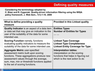 7
Defining quality measures
Riccardo Albertoni
Considering the terminology adopted by
C. Bizer and R. Cyganiak. Quality-driven information filtering using the WIQA
policy framework. J. Web Sem., 7(1):1-10, 2009
What to define providing a quality
measure
Provided in this Linkset quality
Quality Indicator is an aspect of a data item
or data set that may give an indication to the
user of the suitability of the data for some
intended use.
Entities Types
Number of Entities for Types
… …
Scoring Function namely, functions
evaluating quality indicators to measure the
suitability of the data for some intended use.
Linkset Type Coverage
Linkset Type Completeness
Linkset Entity Coverage for Type
Aggregate Metric user-specified
assessment metric built upon scoring
functions. These aggregations produce new
assessment values through the average,
sum, max, min or threshold functions applied
to the set of scoring functions.
Interpretation tables:
interpretation on the scoring
functions that helps in figuring out
which is the next action to do
 
