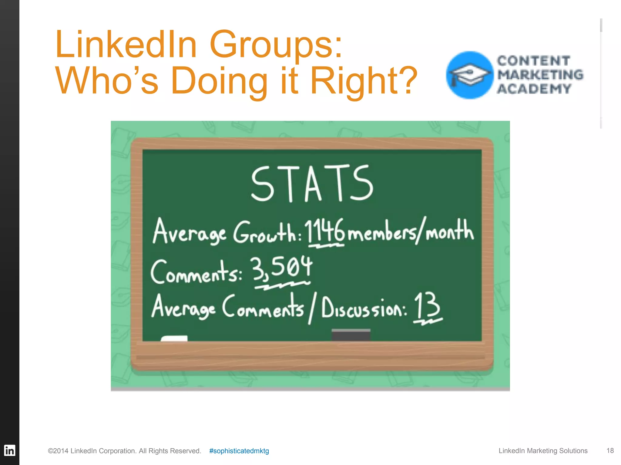 LinkedIn Groups:
Who’s Doing it Right?

©2014 LinkedIn Corporation. All Rights Reserved.

#sophisticatedmktg

LinkedIn Marketing Solutions

18

 