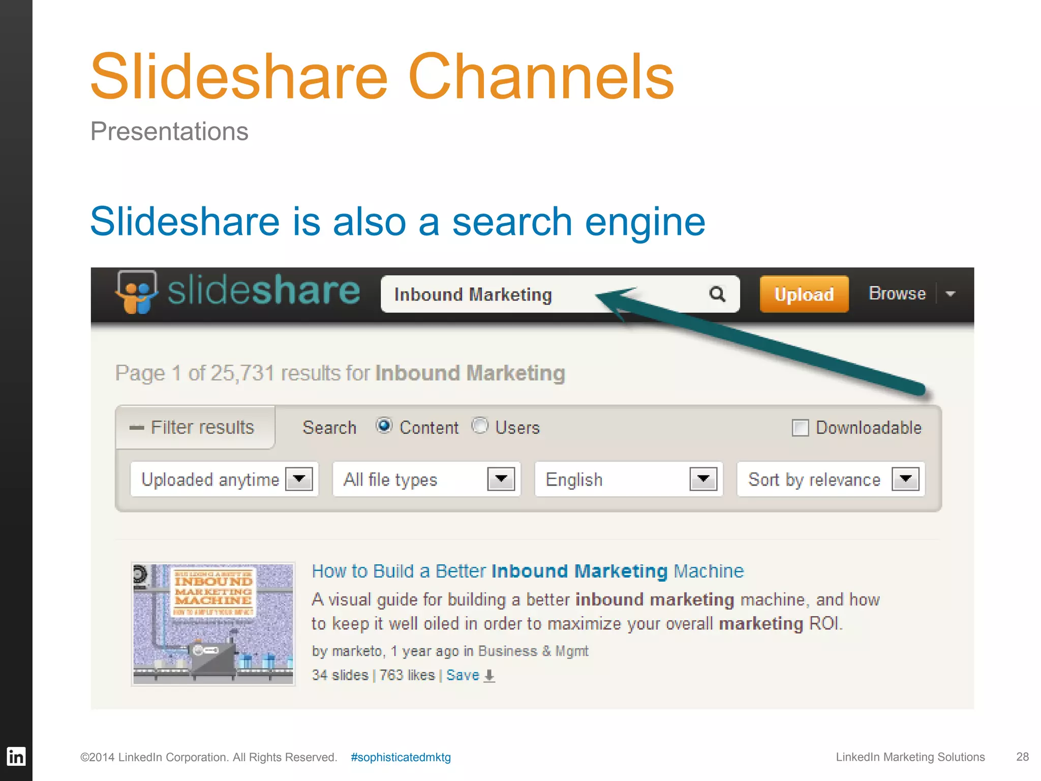 Slideshare Channels
Presentations

Slideshare is also a search engine

©2014 LinkedIn Corporation. All Rights Reserved.

#sophisticatedmktg

LinkedIn Marketing Solutions

28

 