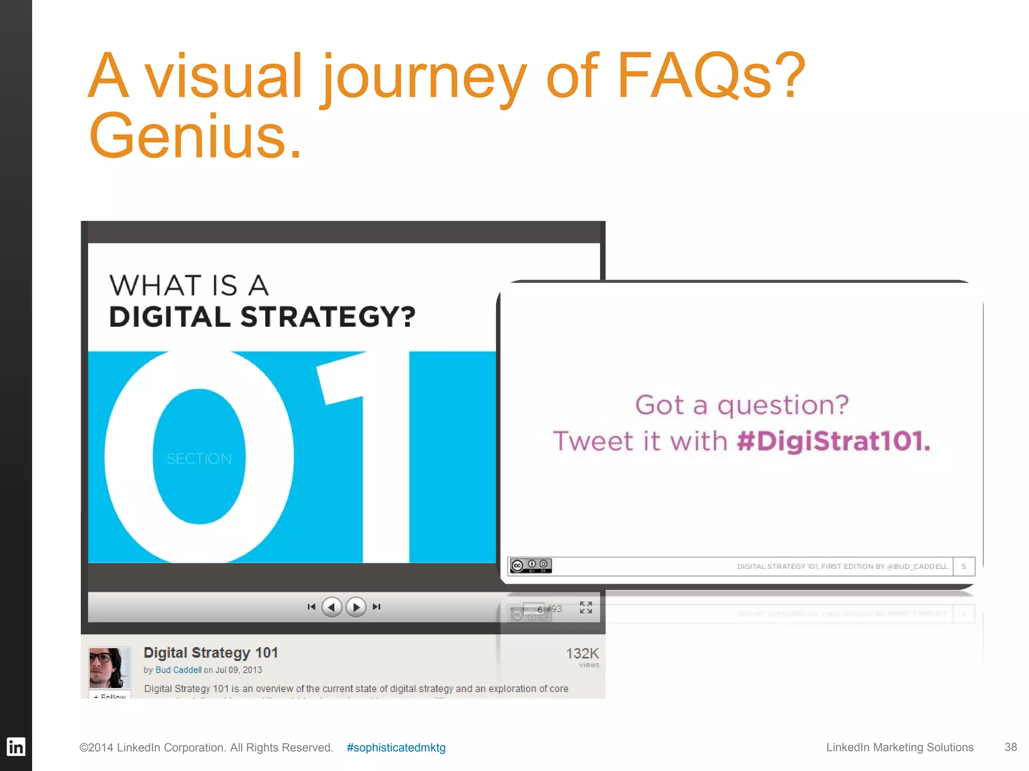A visual journey of FAQs?
Genius.

©2014 LinkedIn Corporation. All Rights Reserved.

#sophisticatedmktg

LinkedIn Marketing Solutions

38

 