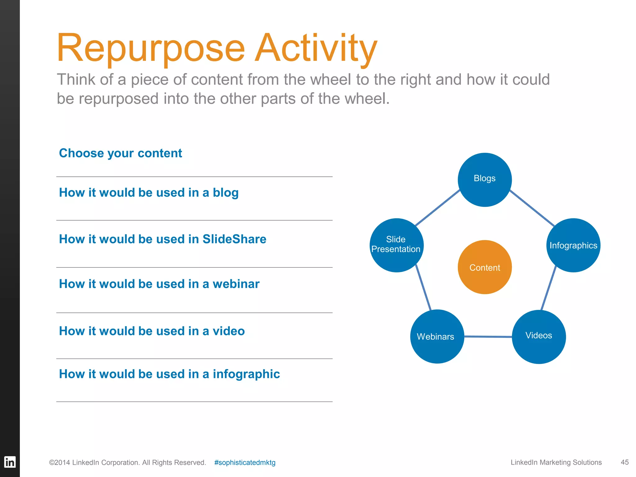 Repurpose Activity
Think of a piece of content from the wheel to the right and how it could
be repurposed into the other parts of the wheel.

Choose your content
Blogs

How it would be used in a blog

How it would be used in SlideShare

Slide
Presentation

Infographics
Content

How it would be used in a webinar

How it would be used in a video

Webinars

Videos

How it would be used in a infographic

©2014 LinkedIn Corporation. All Rights Reserved.

#sophisticatedmktg

LinkedIn Marketing Solutions

45

 