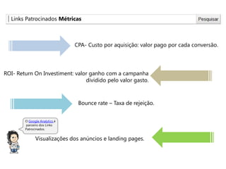 Links Patrocinados Métricas
CPA- Custo por aquisição: valor pago por cada conversão.
ROI- Return On Investiment: valor ganho com a campanha
dividido pelo valor gasto.
Bounce rate – Taxa de rejeição.
Visualizações dos anúncios e landing pages.
O Google Analytics é
parceiro dos Links
Patrocinados.
 