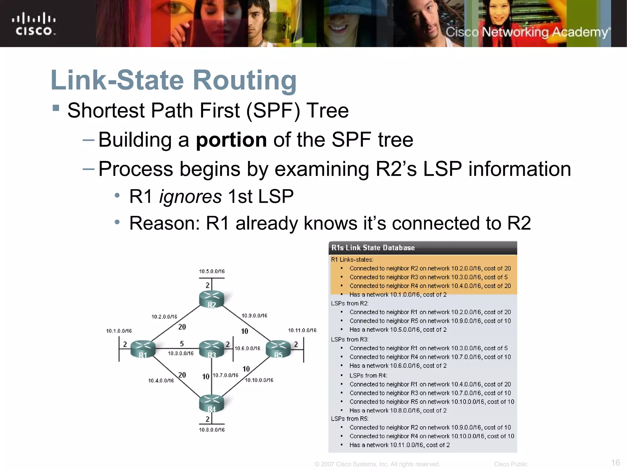 16© 2007 Cisco Systems, Inc. All rights reserved. Cisco Public
Link-State Routing
 Shortest Path First (SPF) Tree
– Building a portion of the SPF tree
– Process begins by examining R2’s LSP information
• R1 ignores 1st LSP
• Reason: R1 already knows it’s connected to R2
 
