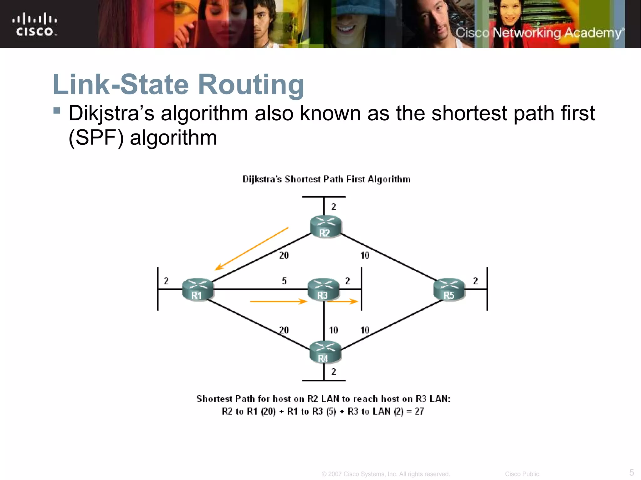 5© 2007 Cisco Systems, Inc. All rights reserved. Cisco Public
Link-State Routing
 Dikjstra’s algorithm also known as the shortest path first
(SPF) algorithm
 