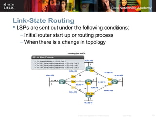 13© 2007 Cisco Systems, Inc. All rights reserved. Cisco Public
Link-State Routing
 LSPs are sent out under the following conditions:
– Initial router start up or routing process
– When there is a change in topology
 