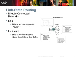 8© 2007 Cisco Systems, Inc. All rights reserved. Cisco Public
Link-State Routing
 Directly Connected
Networks
 Link
– This is an interface on a
router
 Link state
– This is the information
about the state of the links
 