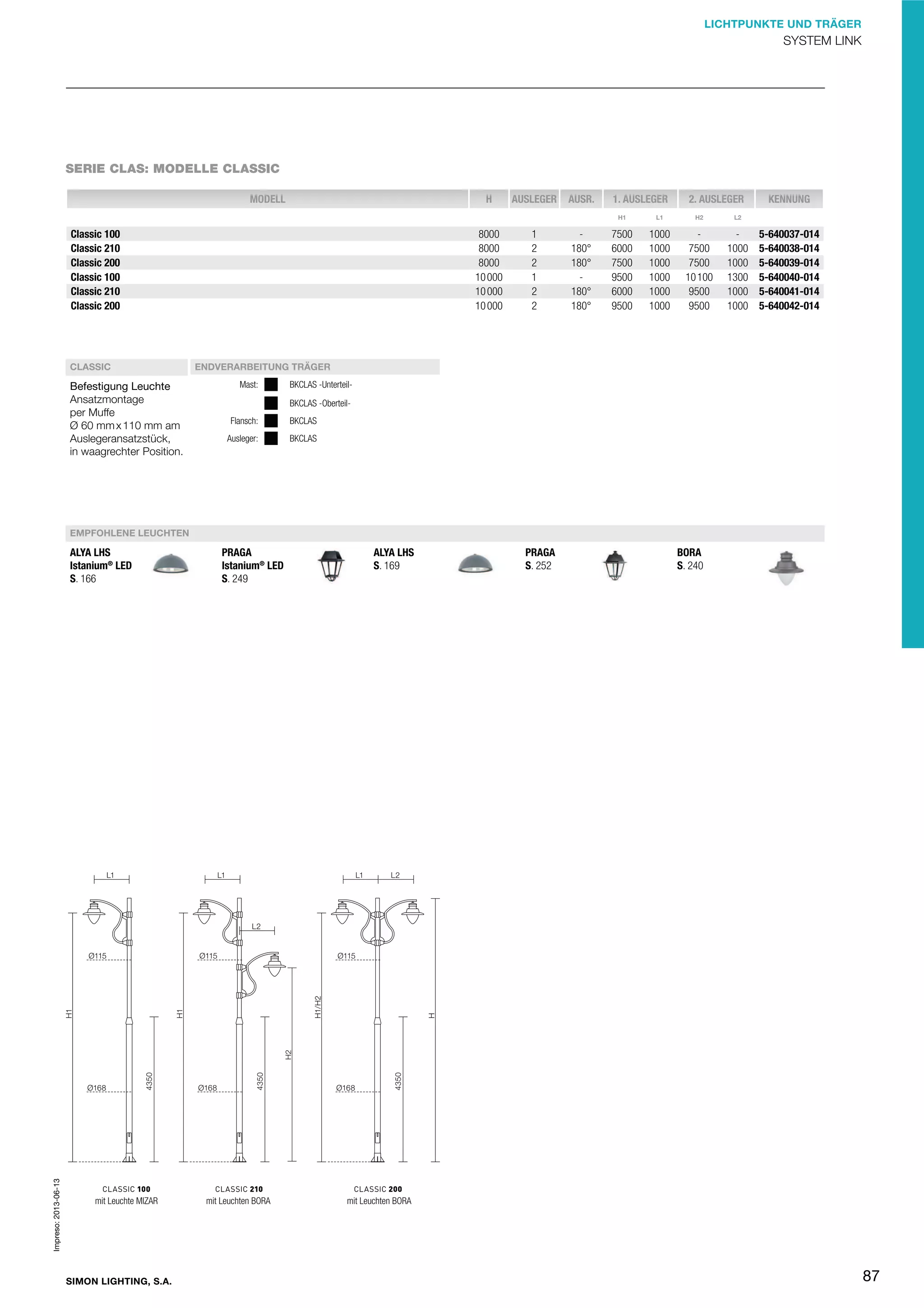 LICHTPUNKTE UND TRÄGER

SYSTEM LINK

SERIE CLAS: MODELLE CLASSIC
MODELL

H

AUSLEGER

AUSR.

1. AUSLEGER

2. AUSLEGER

H1

Classic 100
Classic 210
Classic 200
Classic 100
Classic 210
Classic 200

CLASSIC

Befestigung Leuchte
Ansatzmontage
per Muffe
Ø 60 mm x 110 mm am
Auslegeransatzstück,
in waagrechter Position.

8000
8000
8000
10 000
10 000
10 000

1
2
2
1
2
2

180°
180°
180°
180°

L1

H2

7500
6000
7500
9500
6000
9500

1000
1000
1000
1000
1000
1000

7500
7500
10 100
9500
9500

1000
1000
1300
1000
1000

KENNUNG

L2

5-640037-014
5-640038-014
5-640039-014
5-640040-014
5-640041-014
5-640042-014

ENDVERARBEITUNG TRÄGER
Mast:

BKCLAS -UnterteilBKCLAS -Oberteil-

Flansch:

BKCLAS

Ausleger:

BKCLAS

EMPFOHLENE LEUCHTEN

Impreso: 2013-06-13

ALYA LHS
Istanium® LED
S. 166

mit Leuchte MIZAR

SIMON LIGHTING, S.A.

PRAGA
Istanium® LED
S. 249

mit Leuchten BORA

ALYA LHS
S. 169

PRAGA
S. 252

BORA
S. 240

mit Leuchten BORA

87

 